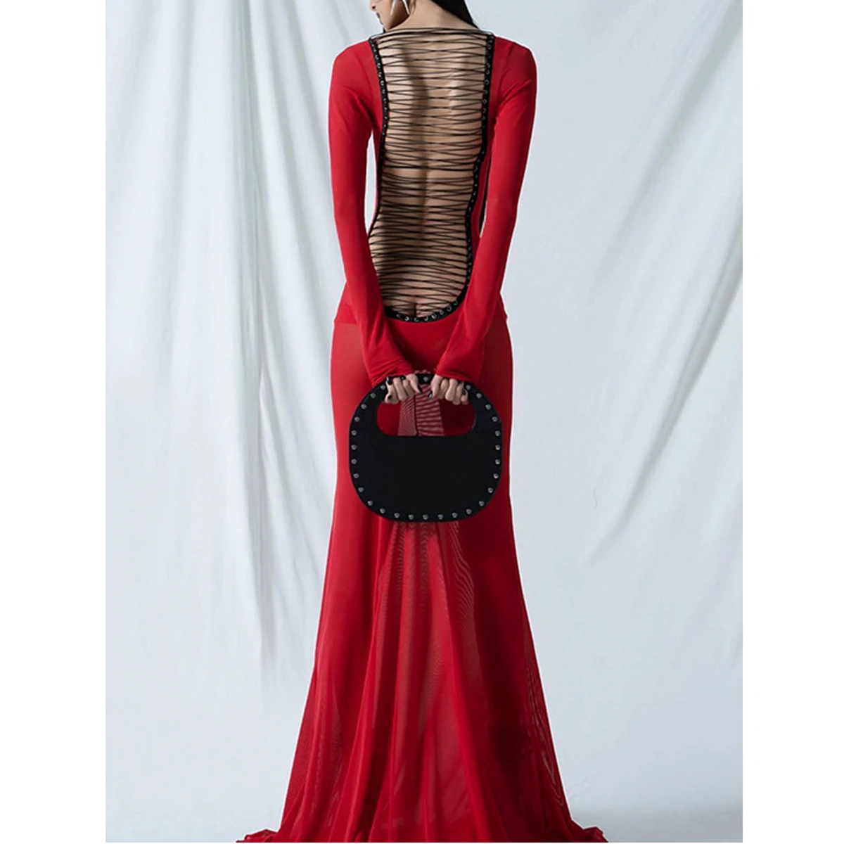 Women's Long Bodycon Dress Solid Color See-Through Mesh Sheer Dress Long Sleeve Cross Tie-Up Backless Evening Party Dress