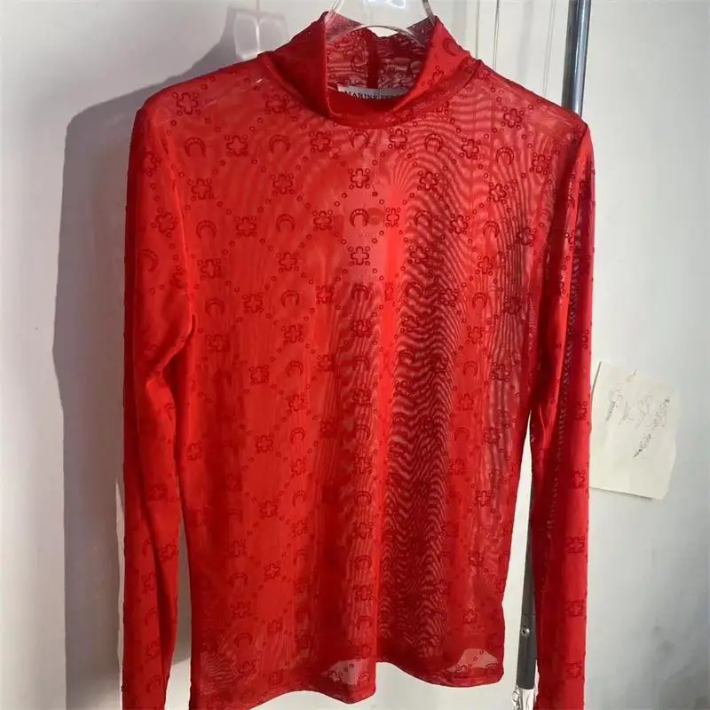 Y2k pura malha camiseta feminina lua impressão reunida blusa de manga longa nova moda sexy casual tule topo versátil chique