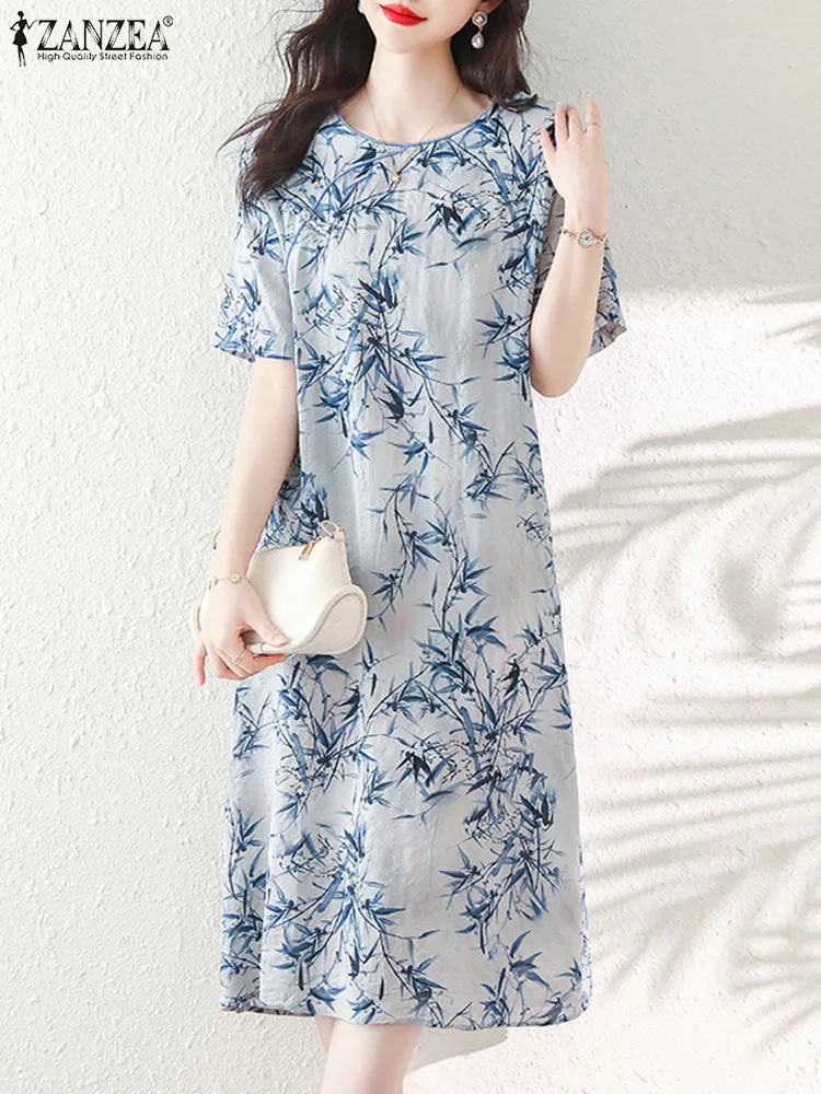 ZANZEA Chinese Style Cheongsam Dress Vintage Flower Printing Midi Sundress Fashion Women Round Neck Robe Party 2023 Summer Dress