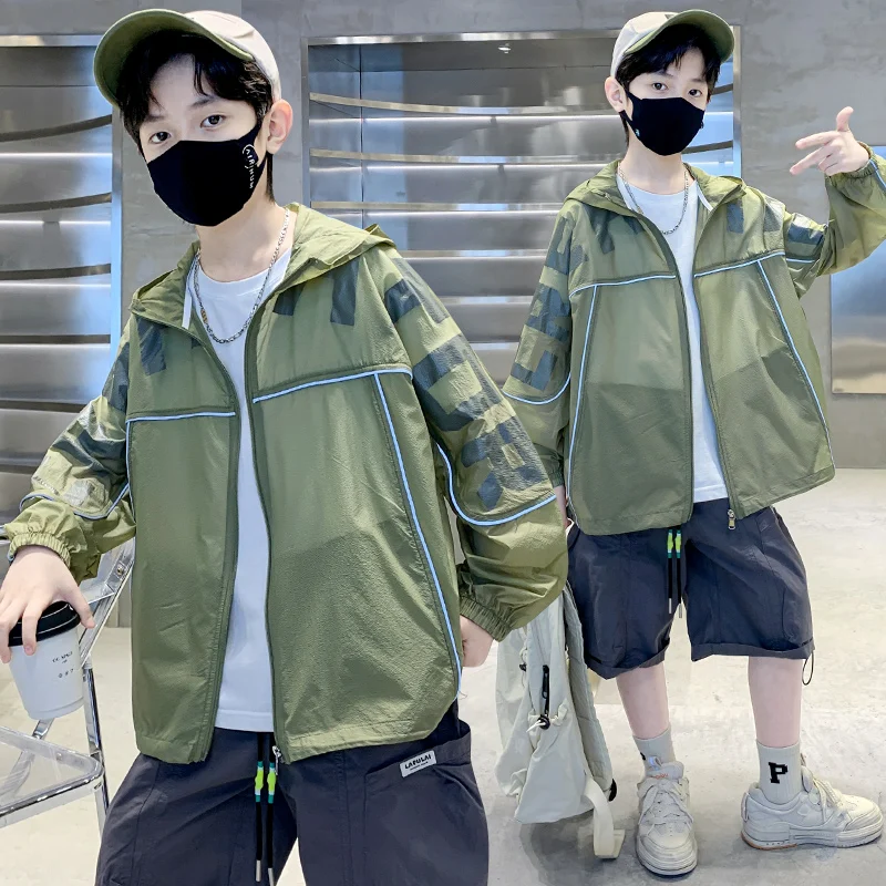 

2025 New Summer Childhood Boy's Green Coat Letter Design Student Sports Clothes Kids Fashion Trend Jacket Outfit WTS318