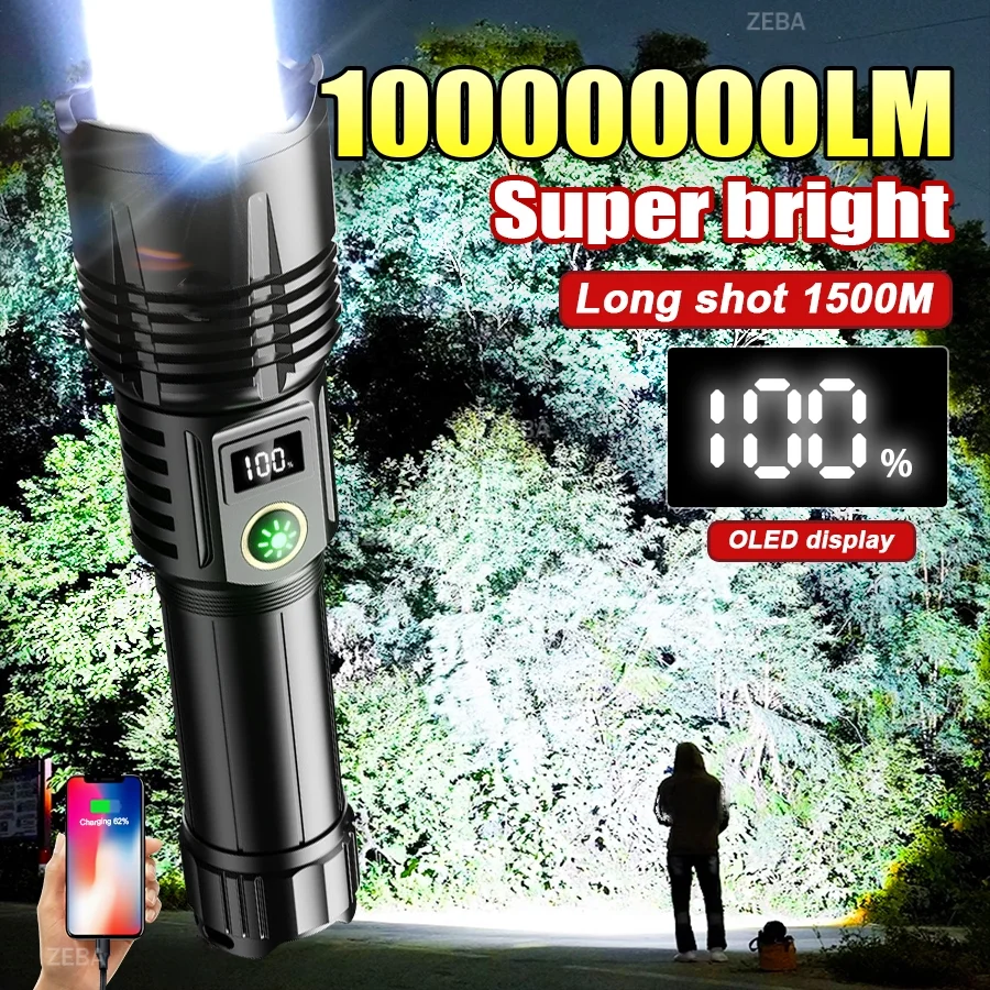 1000000LM Most Powerful LED Flashlight USB Rechargeable Strong Light Tactical Torch Outdoor Waterproof Camping Hiking Lantern
