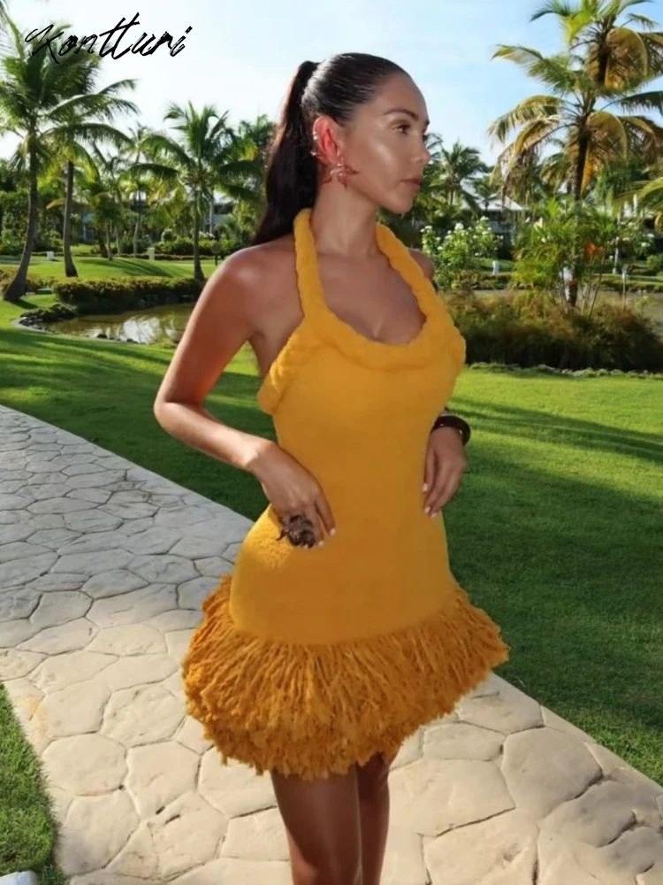 Kontturi Fall Handmade Knitted Tassel Dresses 2024 Women Halter Sleeveless Backless Dress Casual Solid Yellow Mini Dress Female