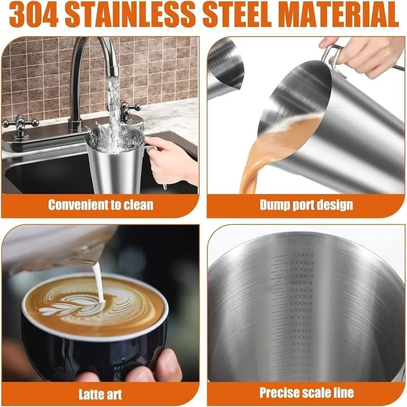 AB42-For Kitchen Bar Cafe 2L Stainless Steel Milk Jug, Frothing Pitcher With Measurement Scale, Large Mouth Pour Spout