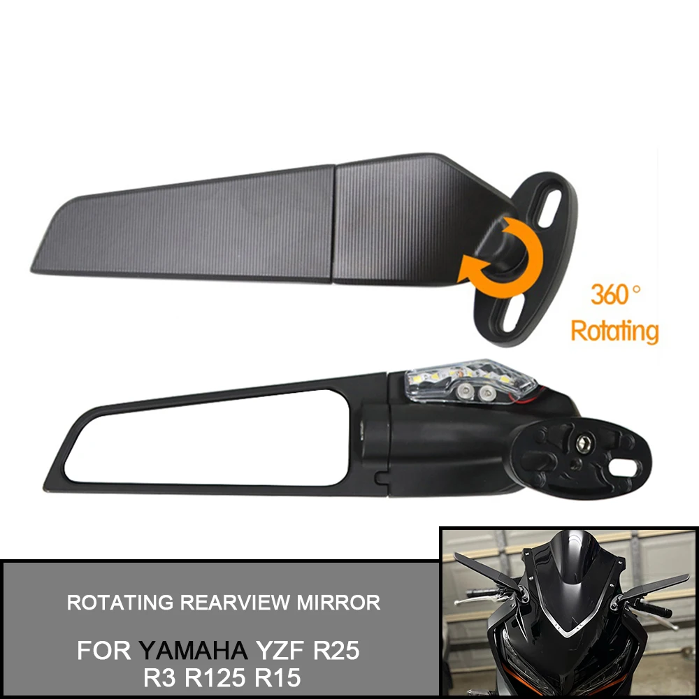 

For YAMAHA YZF R25 R3 R125 R15 Motorcycle Mirrors Modified Wind Wing Adjustable 360° Rotating Rearview Mirror 2PCS