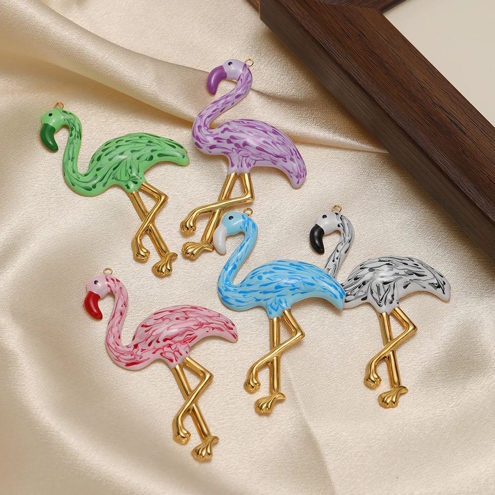2 Stück Edelstahl 70mm Große Emaille-Anhänger Flamingo für DIY Schmuckherstellung, Ohrringe, Pullover, Halsketten, Anhänger, Armband-Zubehör – Detail 4