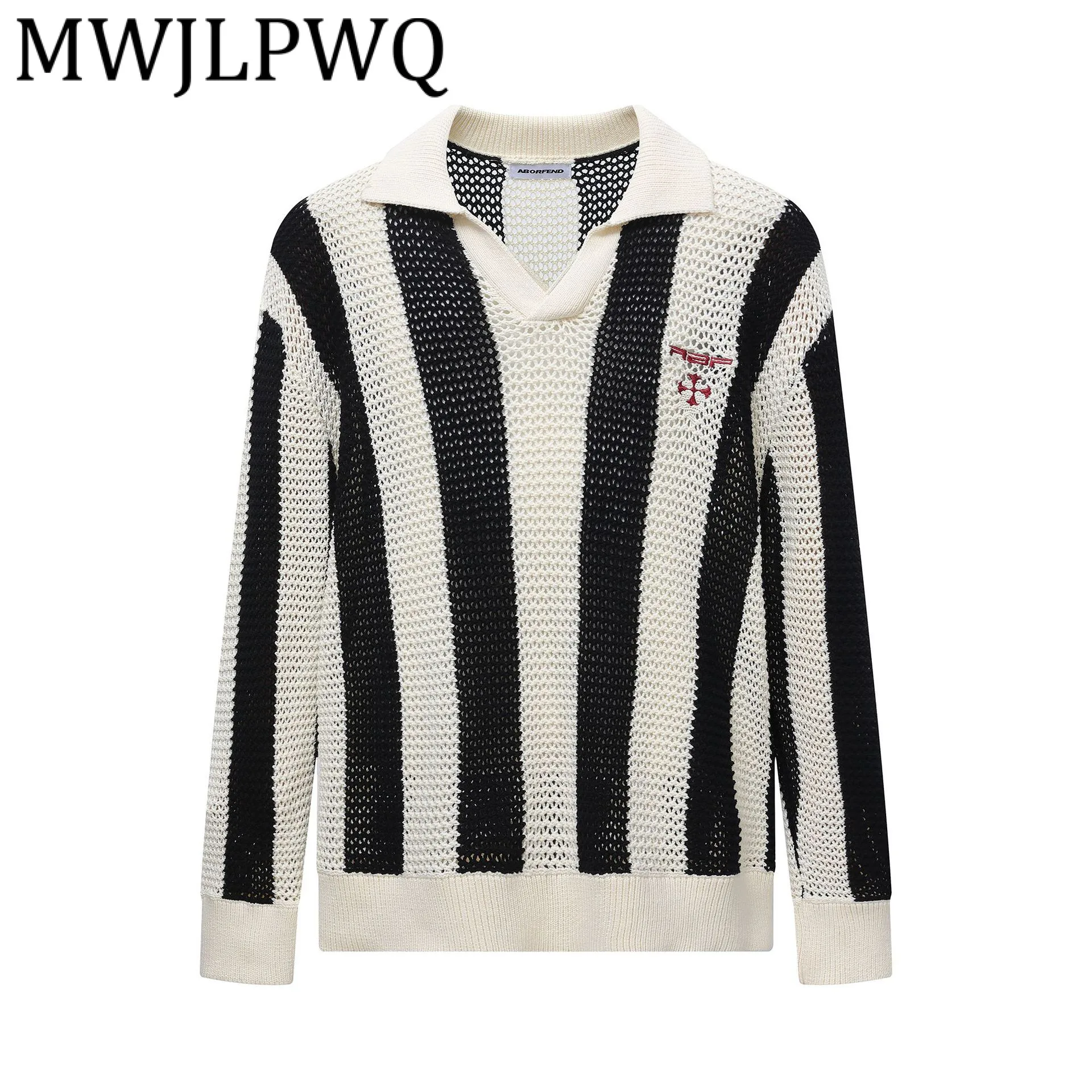 

MWJLPWQ мужской вязаный полосатый свитер в ленивом стиле High Street с отложным воротником, свободные повседневные топы, новинка осени 2023 г. 21209