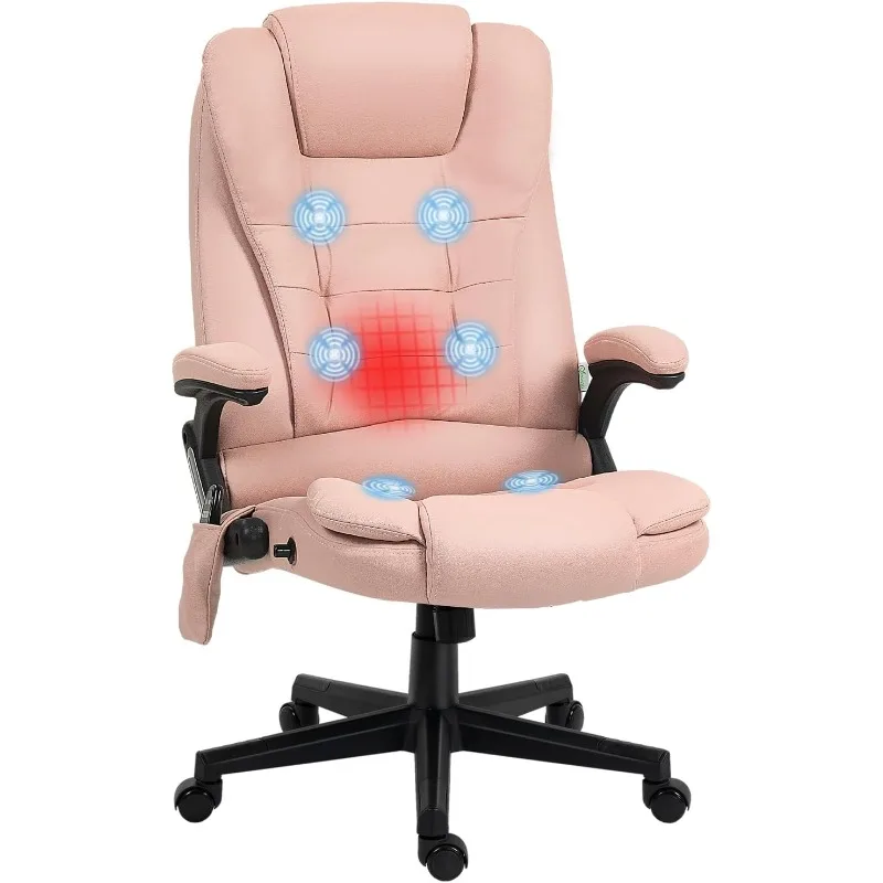 Ergonomic High-Back Executive Office Chair with 6-Point Vibrating Massage, Heating, and Padded Armrests, Pink Polyester