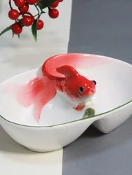 Koi Ceramic Dividing Bowl Underglaze Colored Goldfish Double Grid Plate Snack Dried Fruit Platter Household Side Dishes Bowl