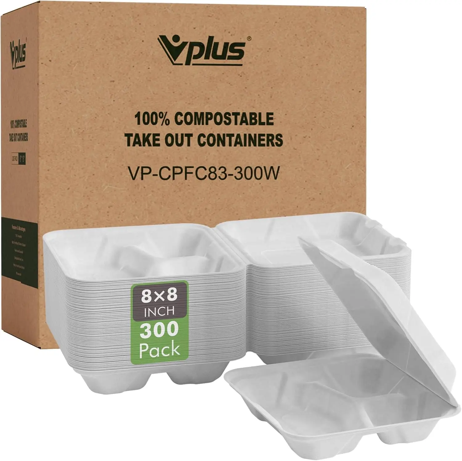 300 PACK 100% Compostable Clamshell Take Out Food Containers, 8”X8”Eco-Friendly Disposable Food Containers 3 Compartment