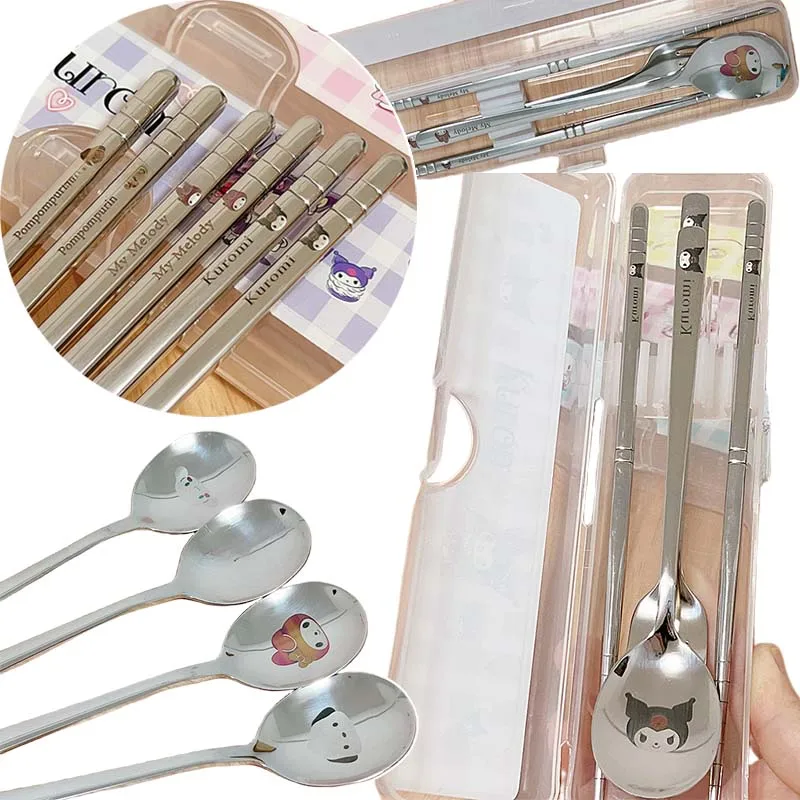 

Sanrio Hello Kitty 304 Tableware Set Portable Cutlery Set Dinnerware Sets Stainless Steel Knife Fork Spoon Travel Flatware Box