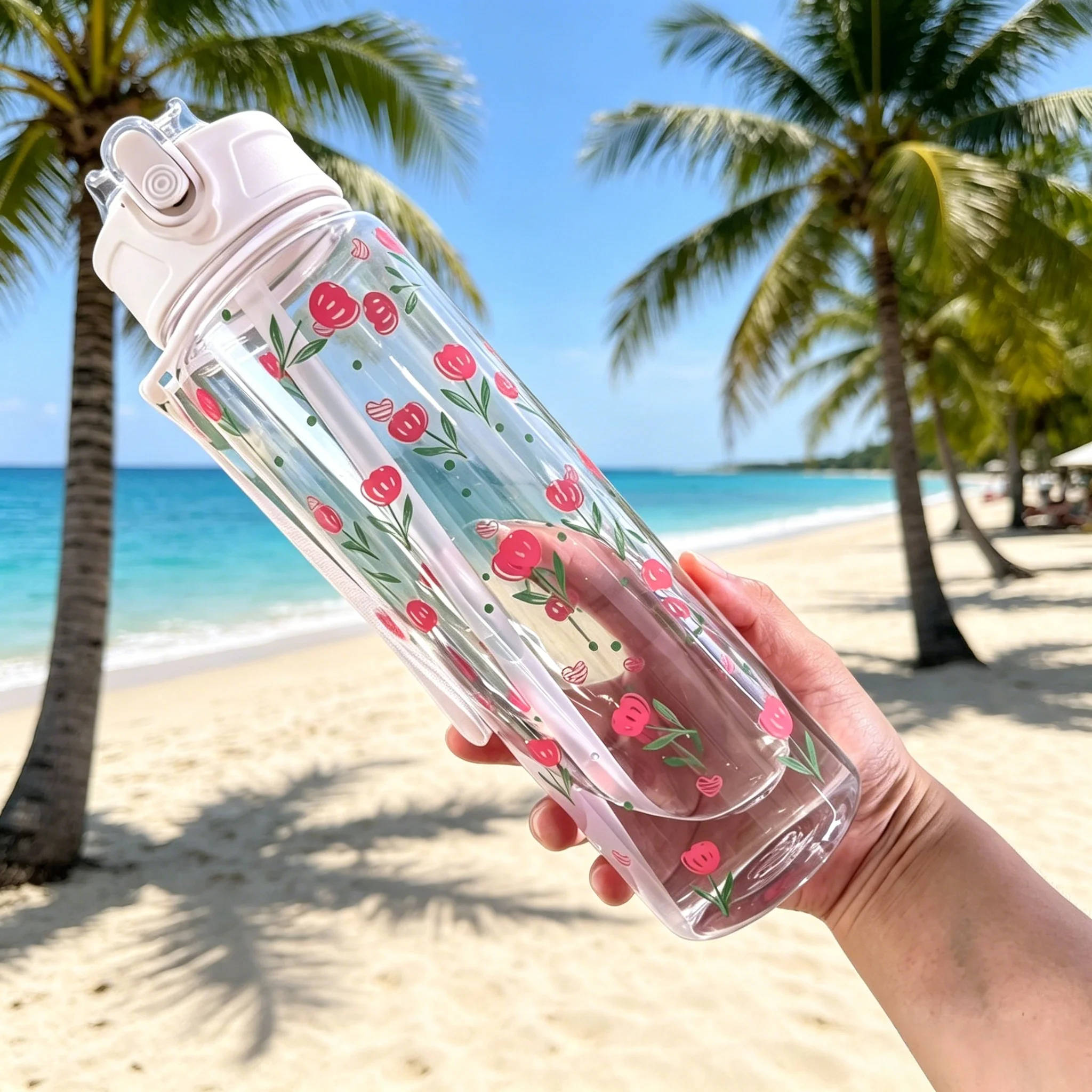 700ML White Water Bottle All Over Printed Cartoon Strawberry Bow Cherry Flower，Leakproof Reusable Stylish Cup for Sports