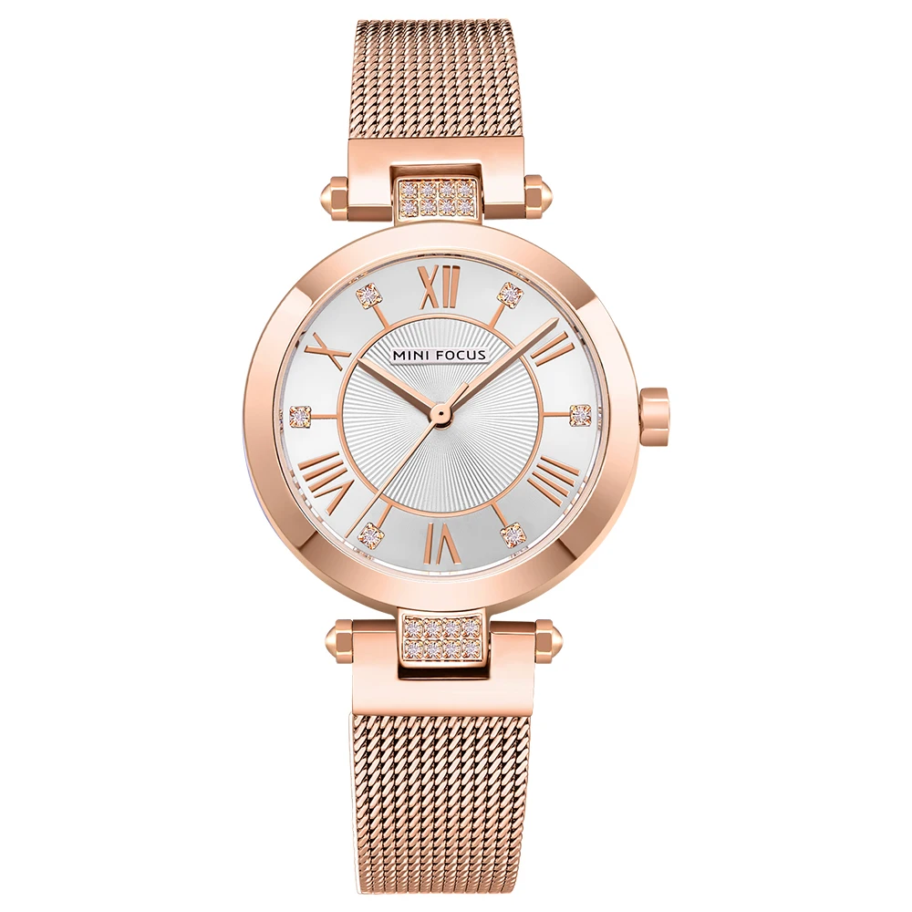 MINI FOCUS Women's Petite Quartz Watch with Diamond Dial Japanese Movement Slim Waterproof Watch Stainless Steel Mesh Bracelet