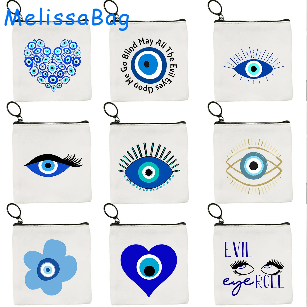 Blue Evil Eye Heart Protection Mandala Bohemian Hamsa Amulet Girl Gifts Canvas Coin Purse Key Case Small Bag Wallet Zipper Pouch