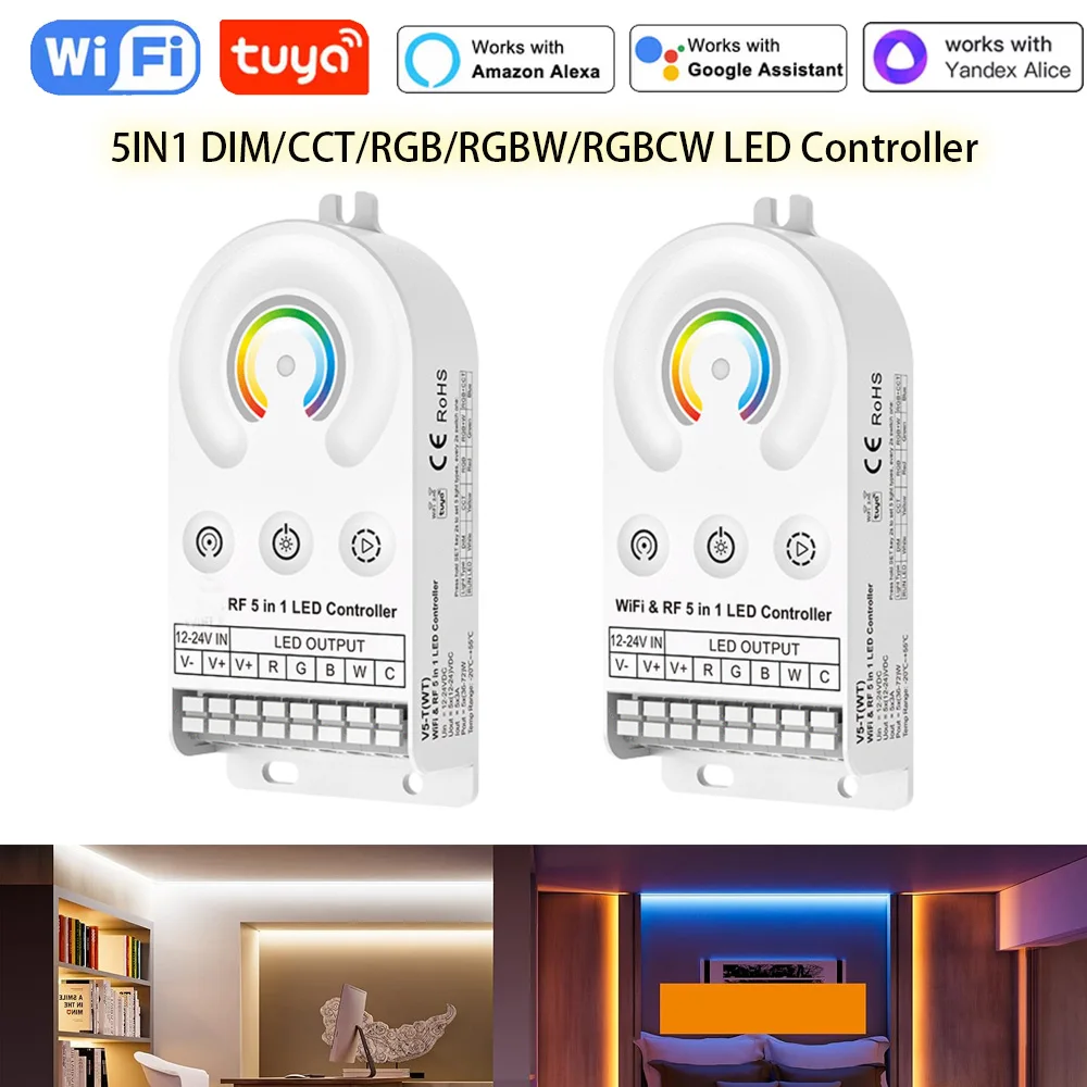 

WIFI DC12V 24V 5-IN-1 CV LED Controller 5CH*3A CCT RGB RGBW RGBCCT LED Strip Dimmer Touch Switch for Tuya APP/Smart Life/Alexa