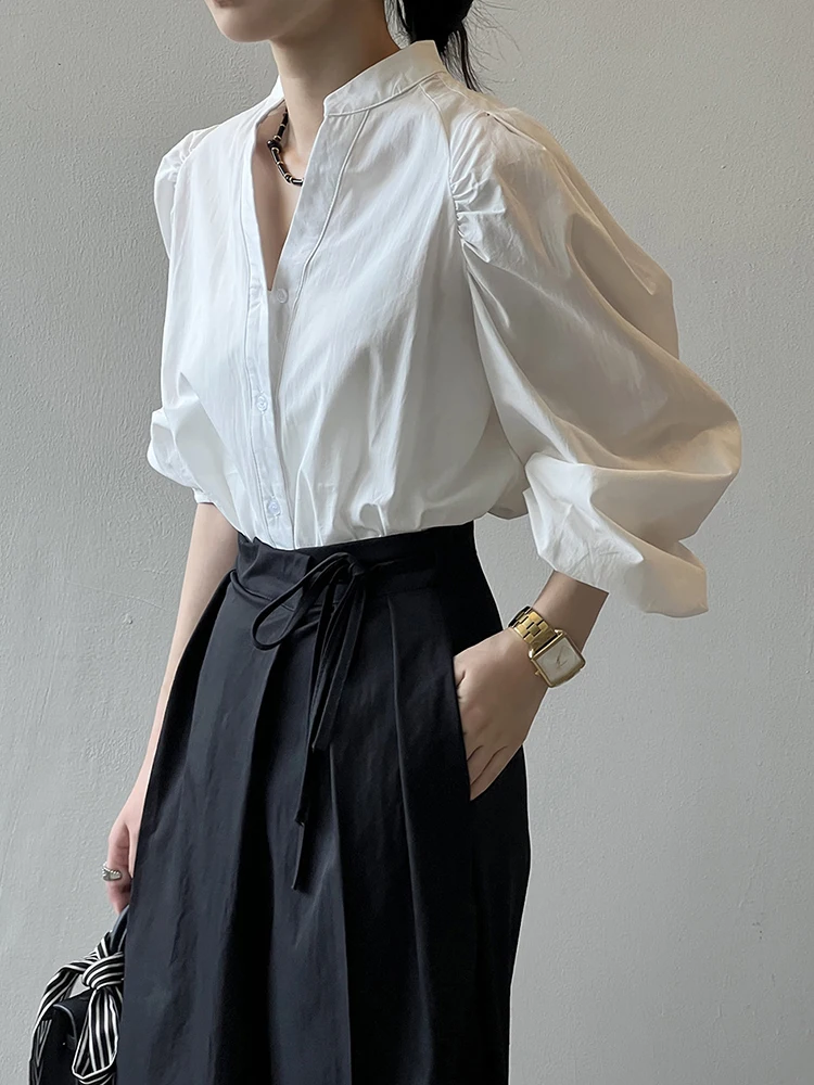 [LANMREM] Puff Sleeve Stand Neck Shirt Women Single Breasted Office Lady Fit Female Blouses Fashion 2024 Autumn New 26C508