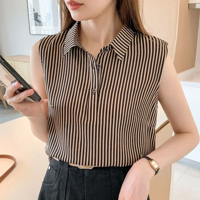 Simplicity Office Lady Summer Women\'s POLO Collar Button Striped Patchwork Fashion Casual Loose Sleeveless Chiffon Shirt Tops