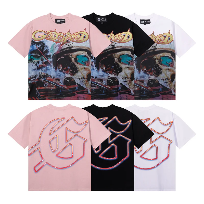 

Godspeed American High Street Hip Hop Summer Casual Racing с принтом черепа Свободный чистый хлопок ort Sve T irt для мужчин и женщин