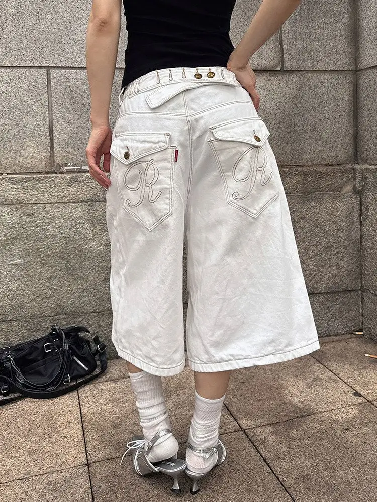 American Retro Adjustable Buckle Jeans Street Design White Loose Straight Cropped Pants