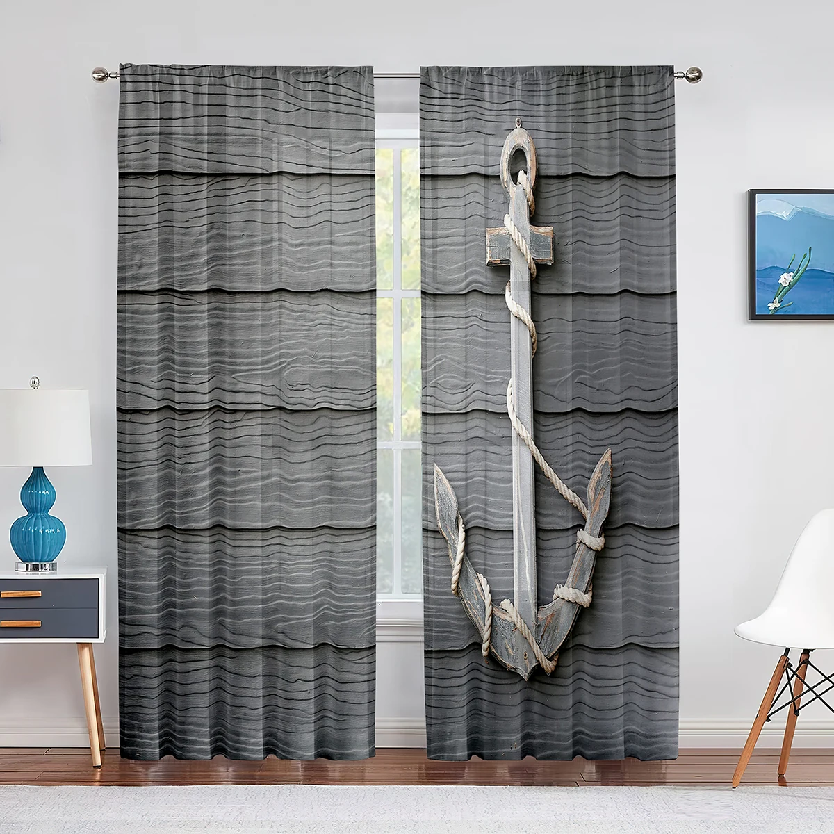 

Nautical Anchor Rustic Grey Wooden Sheer Window Curtains Bedroom Modern Chiffon Drape Tulle Living Room Kitchen Voile Curtain