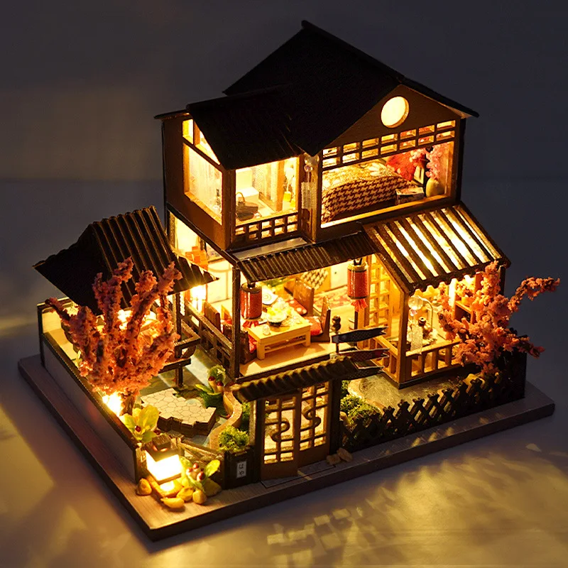 OUZEY 3D Wooden Dollhouse DIY Kit - “Cozy Cottage” with Furniture & Lights, Complete Miniature House Gift for Girls