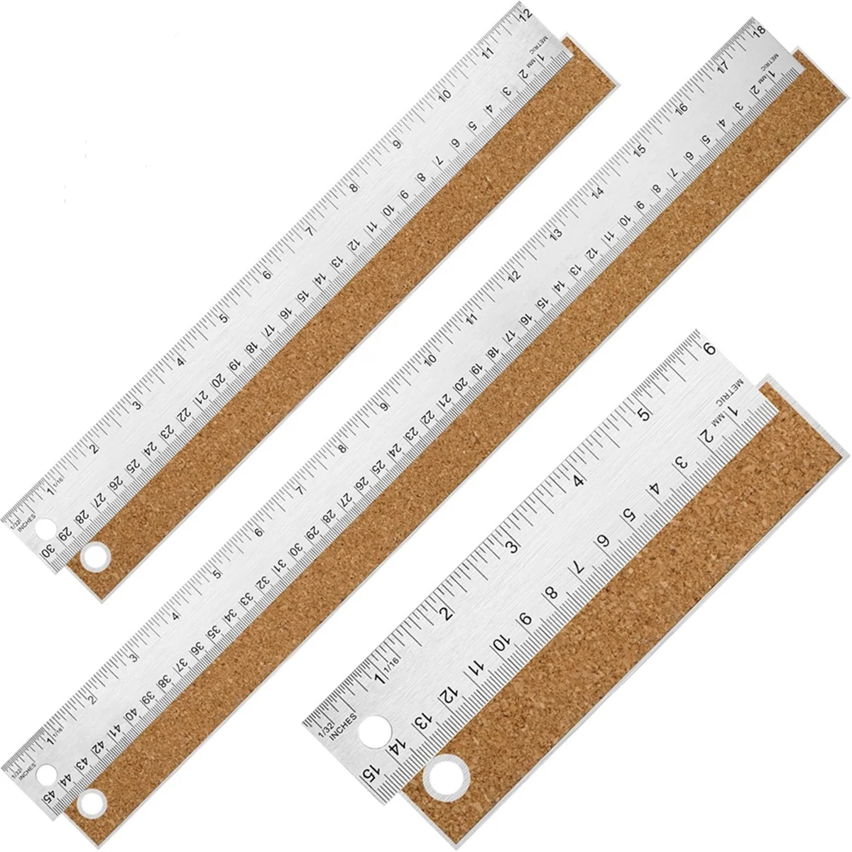 Metal Ruler with Cork Backing, 6+12+18 Inch Stainless Steel Rulers - Imperial and Metric for School Office Tools