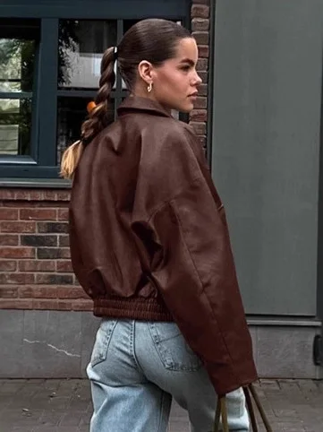 جاكيت جلد بني عتيق للنساء، ملابس خارجية عادية للتنقل اليومي، معطف قصير دافئ من مادة البولي يوريثين، أكمام طويلة، إغلاق بسحاب،...