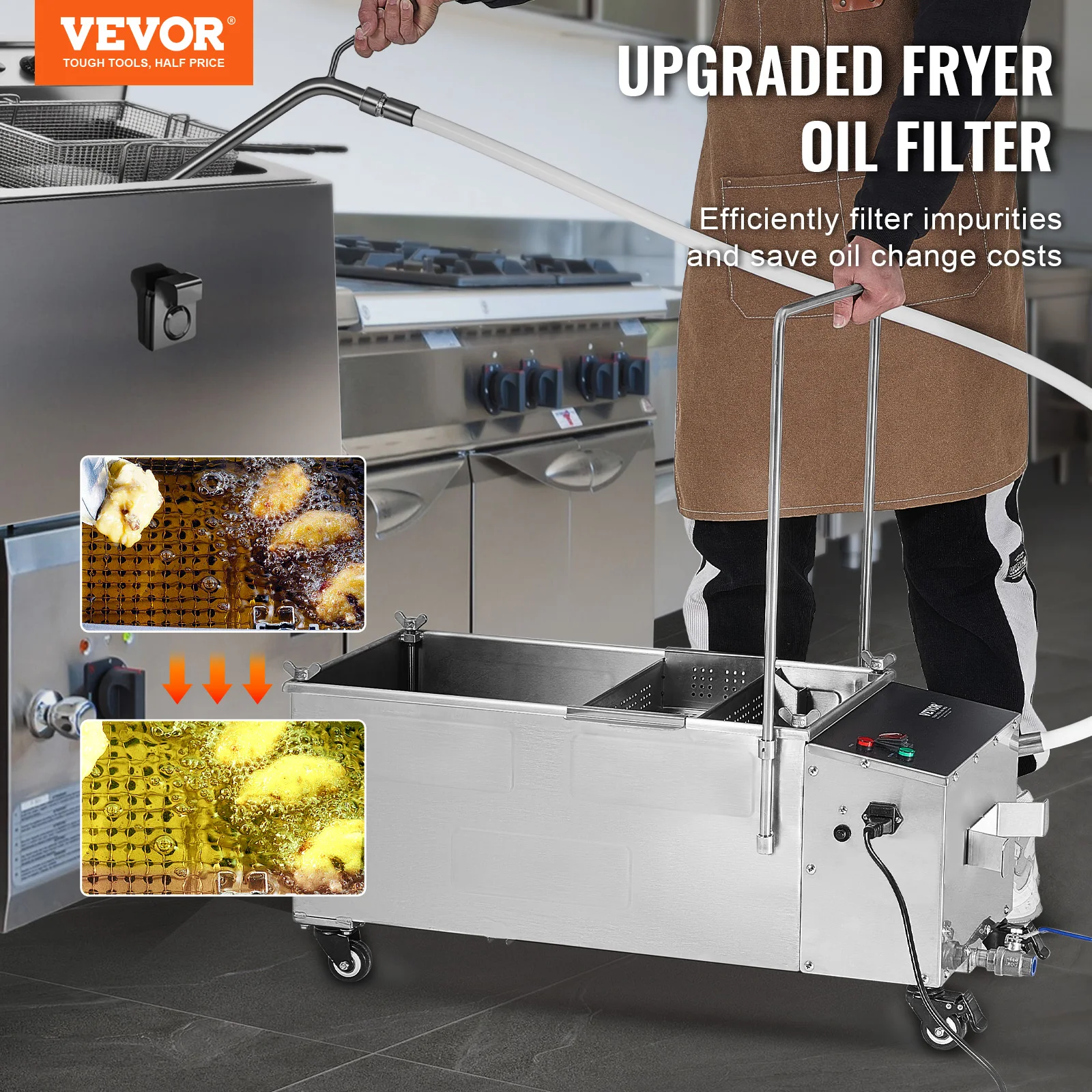 VEVOR Système de Filtration des Huiles de Friture Réservoir de 55 L Filtre à Huile pour Friteuse Vitesse 10 L/min Mobile avec Roulettes et Tuyau Machine à Filtrer Huile Usagée pour Restaurants Stands