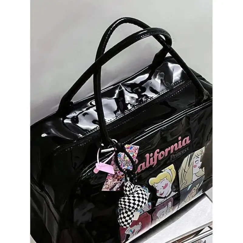 Bloom Large Capacity Black Tote Bag Female Vintage Cartoon Print Pu Leather Shoulder Bags Ladies Retro Y2k Handbag Aesthetic