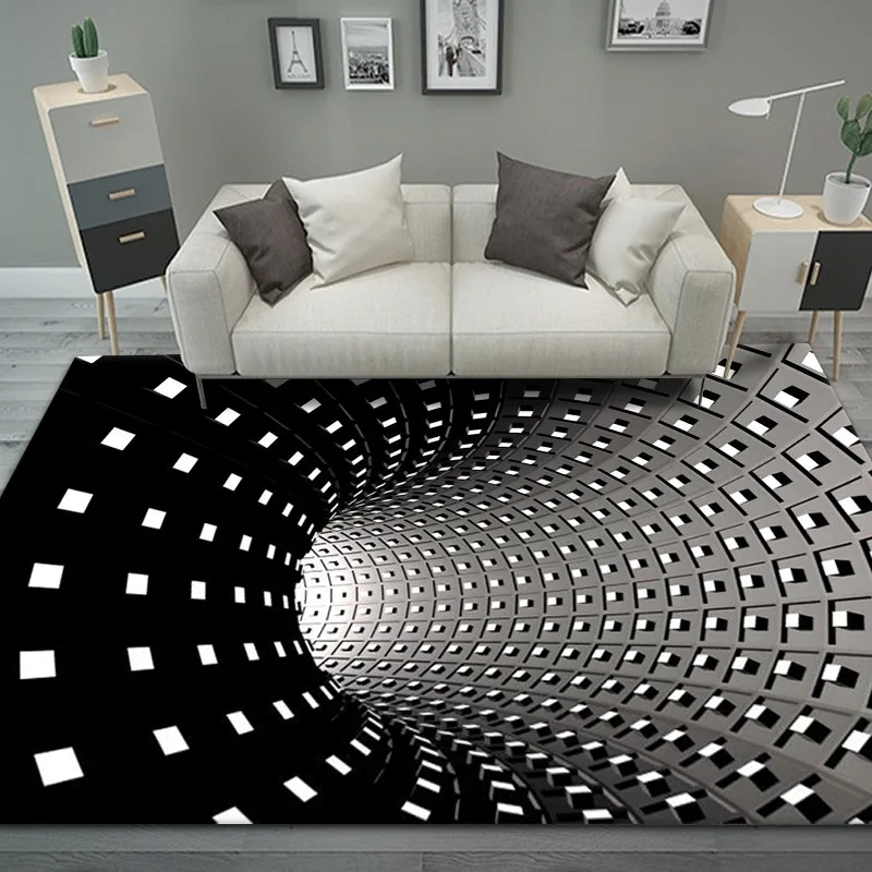 Alfombra redonda de visión 3d, Cojín cuadrado para mesa de centro de sala de estar, dormitorio, blanco y negro, cojín tridimensional para mesa y