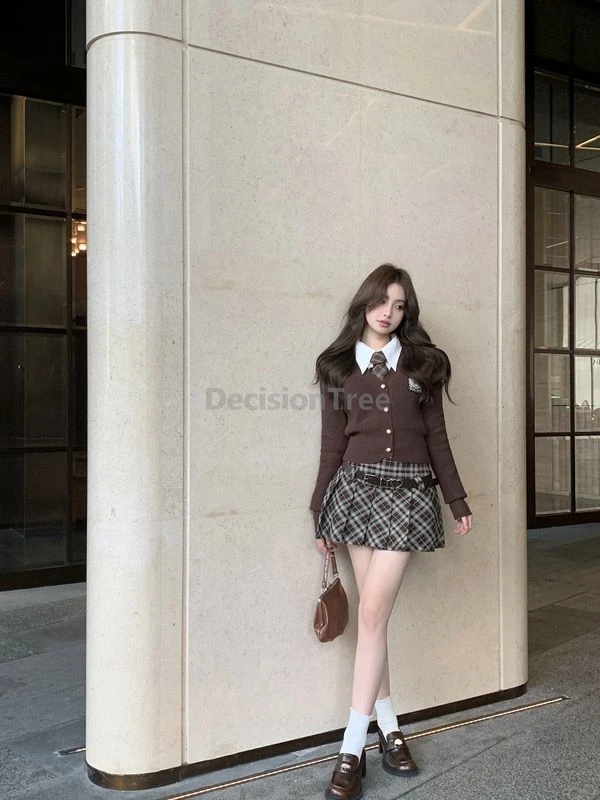 2025 아카데미 스타일 JK 교복 올매치 니트 스웨터 아메리칸 스타일 스쿨 셔츠 트렌디 다용도 체크 플리츠 스커트