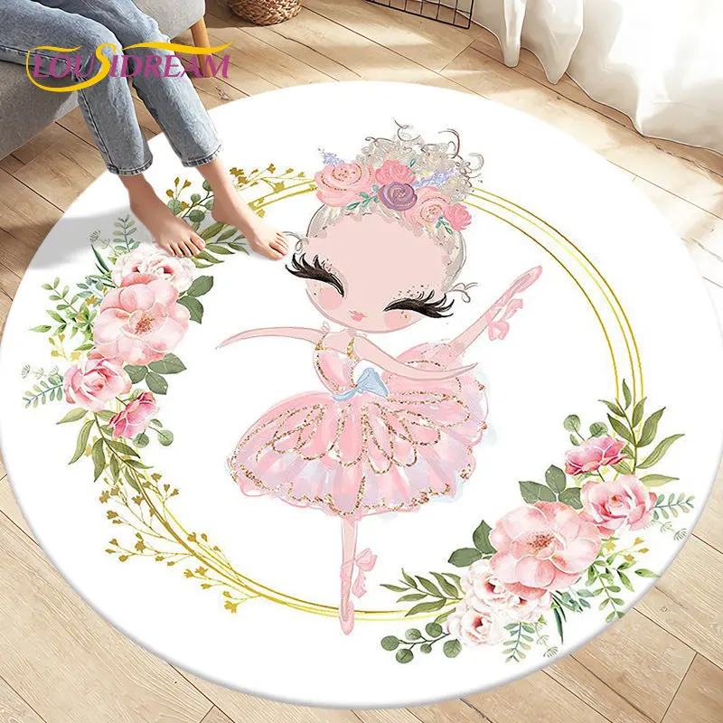 Tapis rond de bande dessinée de fille de ballet mignonne, décor de salle de jeux de sofa, salon et chambre à coucher d\'enfants, polymères de