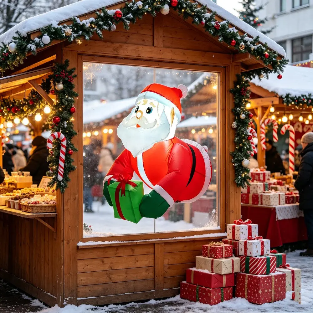 0.9M Inflatable Santa Claus Handheld Gift Box Built-in LED Lights Suitable For Courtyard Balcony Storefront And Store Decoration