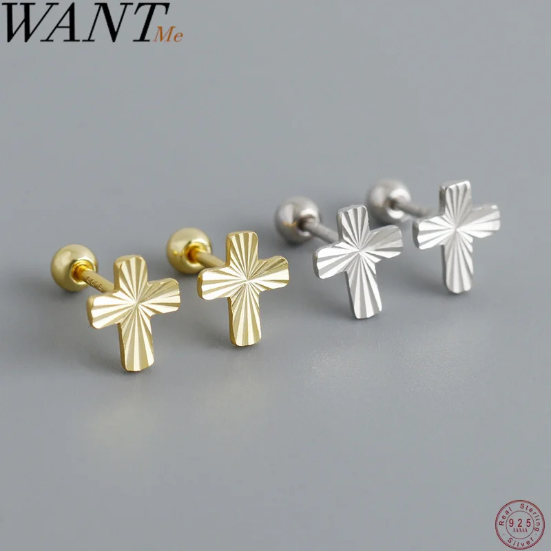 WANTME 925 Sterling Silver Screws Beads Ear Bone Piercing Jewelry Accessories Fashion Religious Cross Stud Earrings for Women