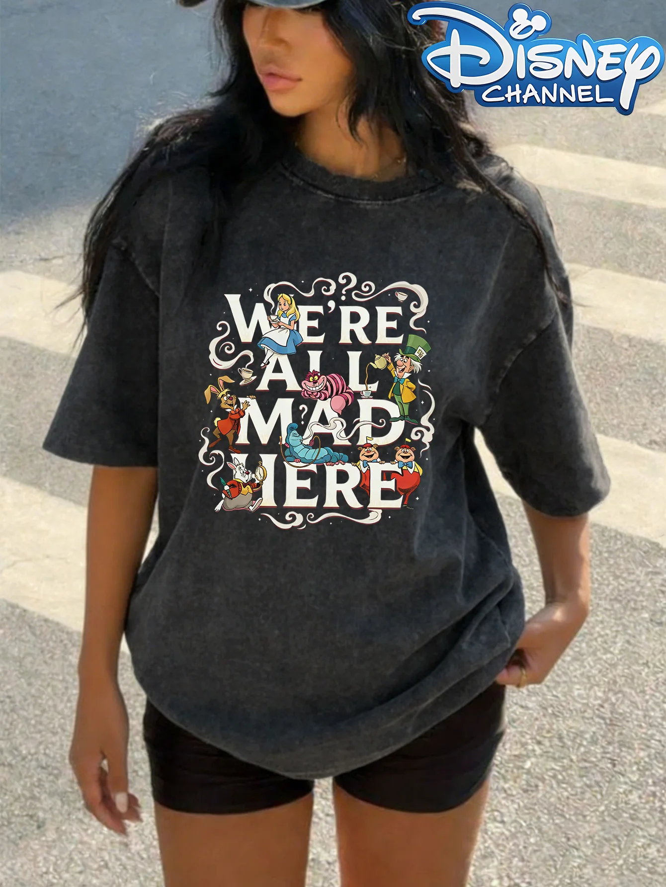 Camiseta de Mujer de Alicia en el País de las Maravillas de Disney, 100% Algodón Lavado, Diseño Retro del Gato de Cheshire y Sombrerero Loco, Regalo para Fans