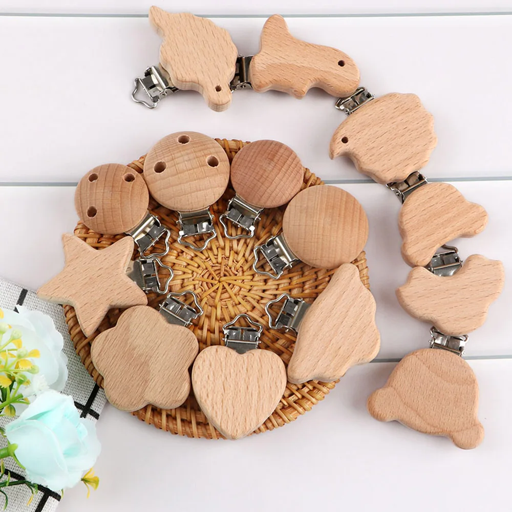 200Pcs Beech Wooden Clips Metal Bracket Dummy Holder DIY Pacifier Chain Handmade Crafts Accessories