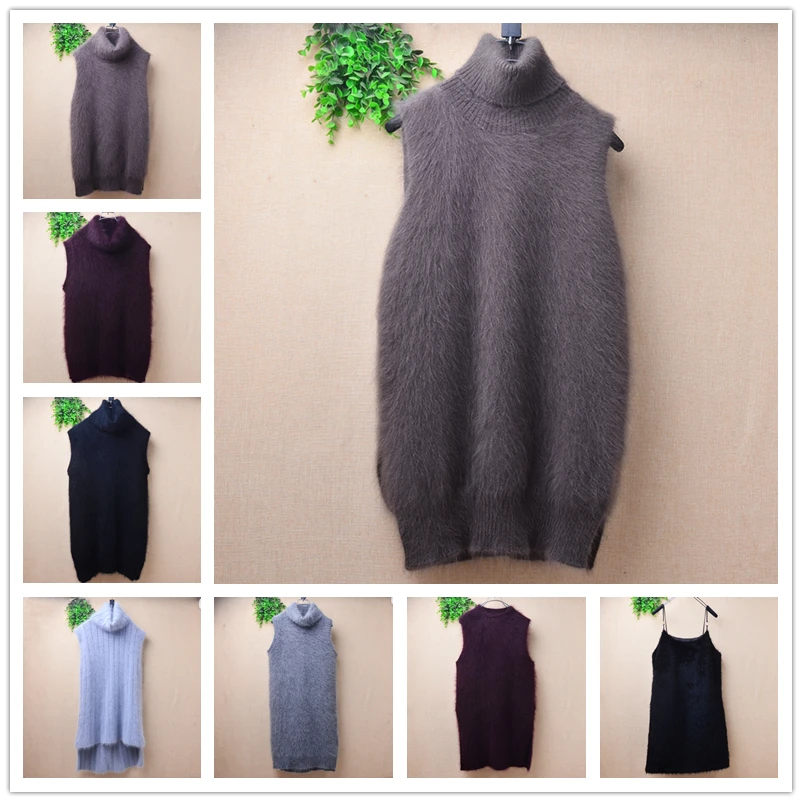 04 Ladies Women Fall Winter Clothing Hairy Angora Rabbit Hair Knitted Sleeveless Turtleneck Slim Blouses Vest Mink Fur Sweater