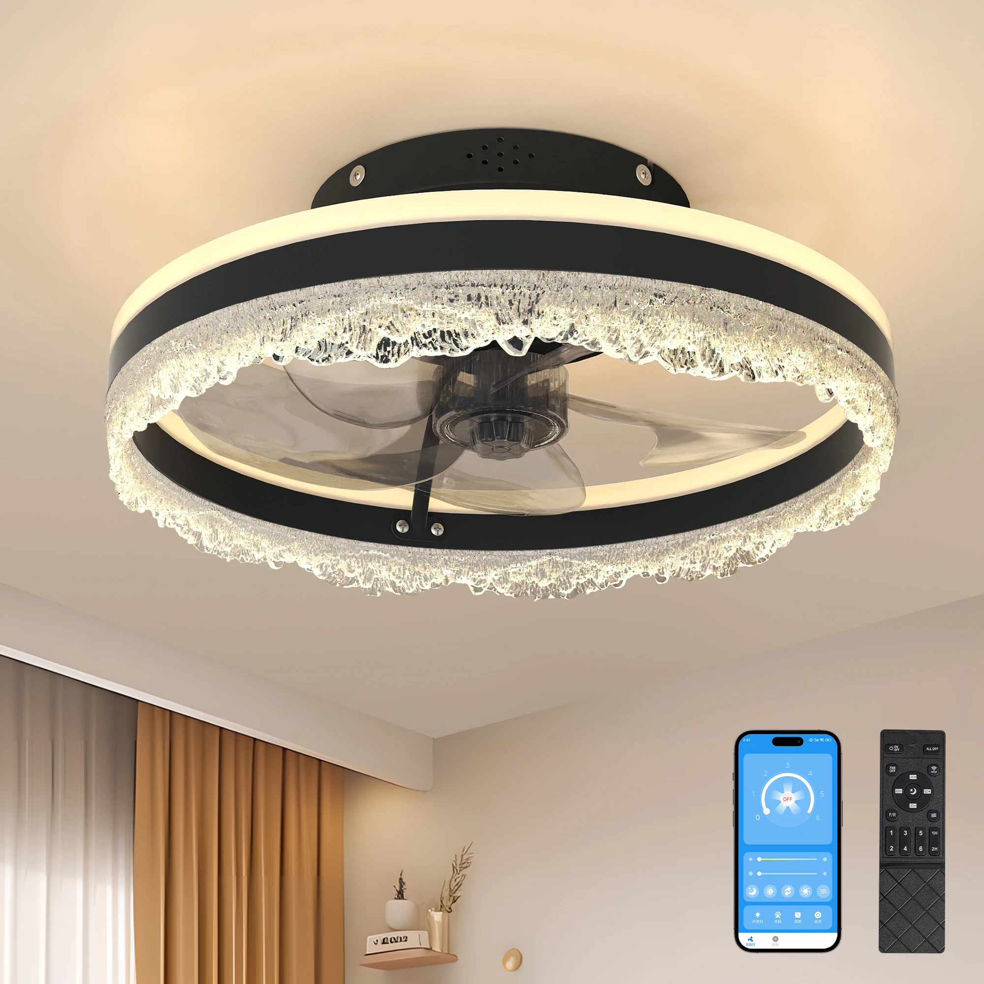 

16" Smart Silent Ceiling Fan with Light -Crystal Flush Mount LED Fan Lamp with Hidden Blades and Natural Airflow System,Designed