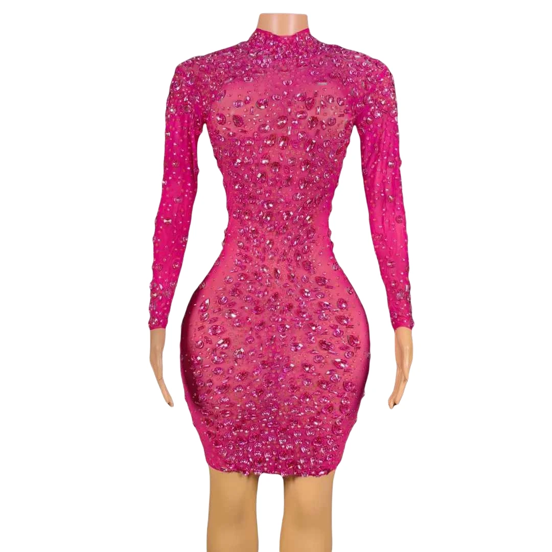 

Rose Red Luxury Crystals Short Birthday Dress For Women Night Out Date Homecoming Long Sleeve Dressy Drag Queen Outfit Black