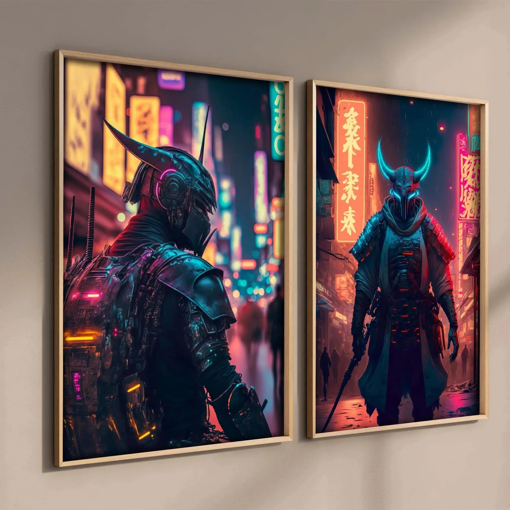 1pc frameless Canvas Posters and Prints Wall Art Neon Punk City Samurai Aesthetic Vr Video Game Gaming Robot Motorcycle Mask Gam
