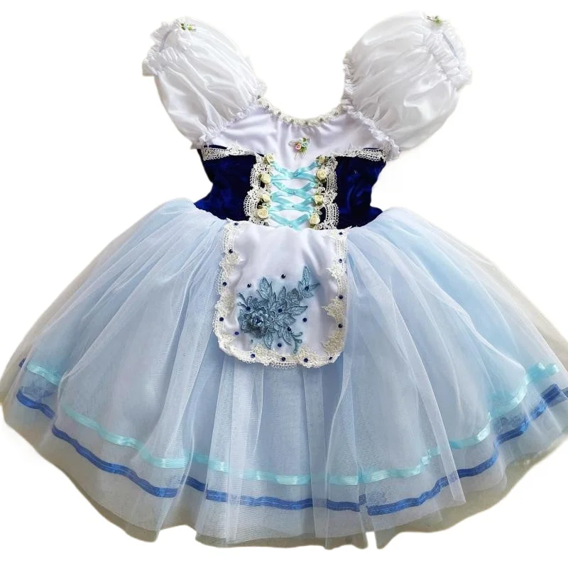 Robe de Ballet pour enfants, vêtements de danse Giselle, bleu, Costume de spectacle romantique pour filles, tenue de princesse longue en gaze