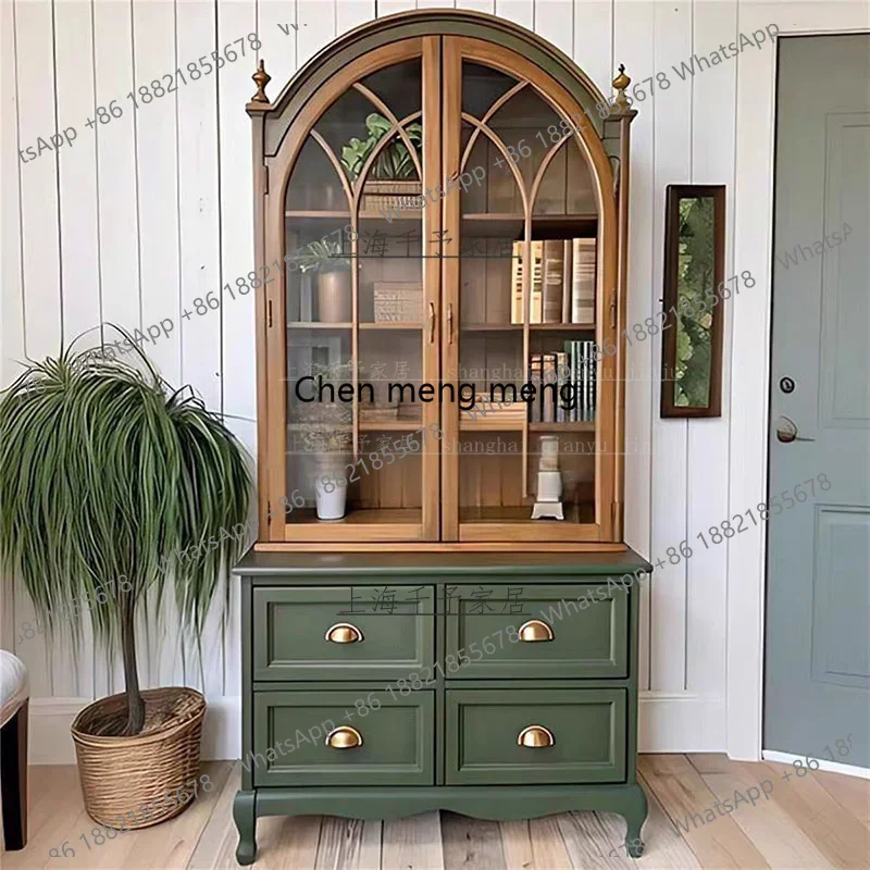 

French vintage solid wood wine cabinet American country arched bookcase bookcase glass door display dining side R