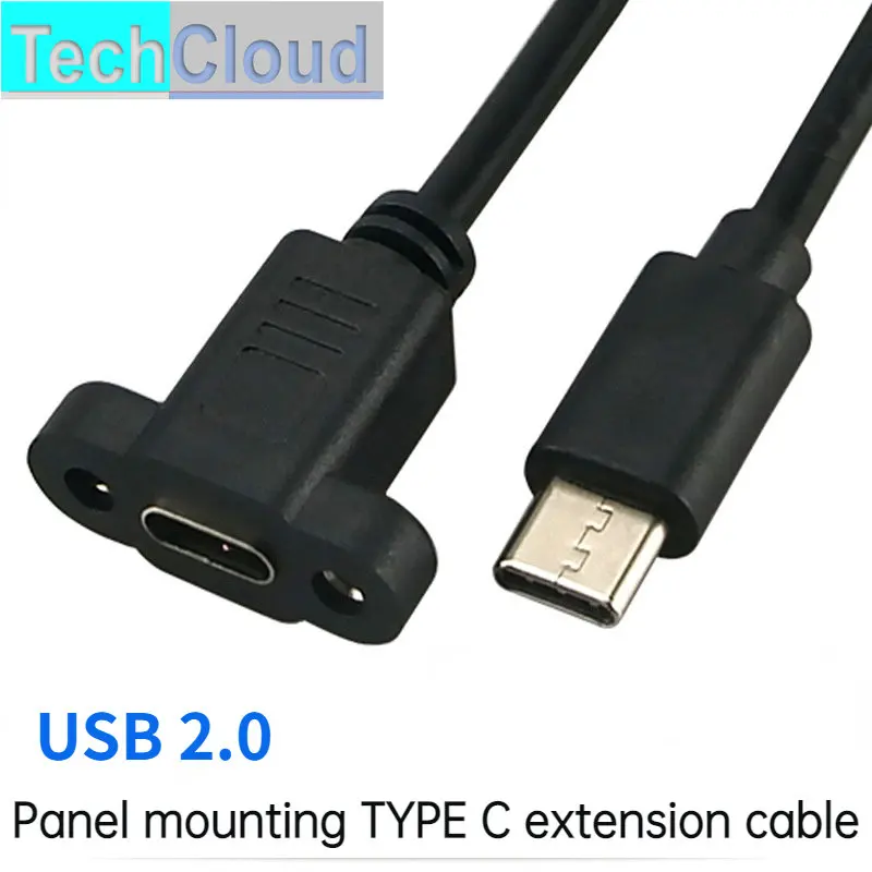 USB2.0 Type C Charging Extension Cable , 90 degree Type C Male to Female Data Cable with Panel Mounting Screw Hole