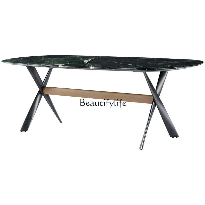 

Italian minimalist marble dining table rectangular light luxury high-end stainless steel dining table