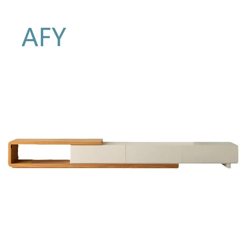 New Rock Slab Coffee Table TV Cabinet Combination for Modern Small Apartment Living Room for Retractable Log Color Cream