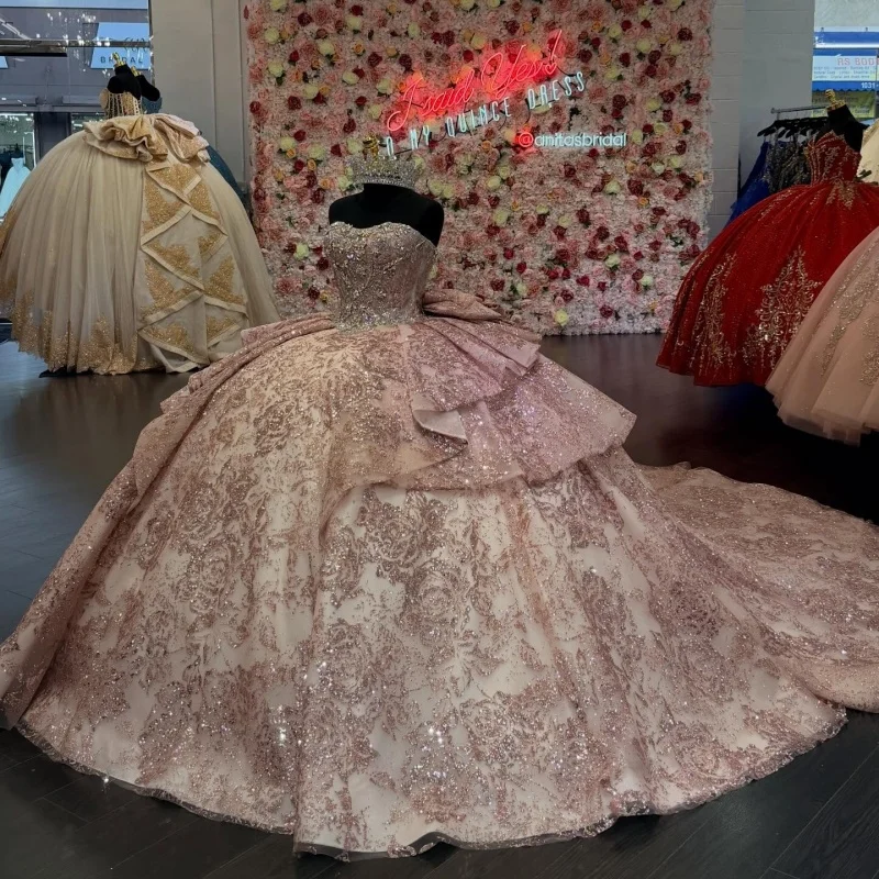 

Rose Pink Gold Quinceanera Dresses Off the Shoulder Glitter Decal Layering Long tail Bow Vestidoe 15 Quinceanera Customize