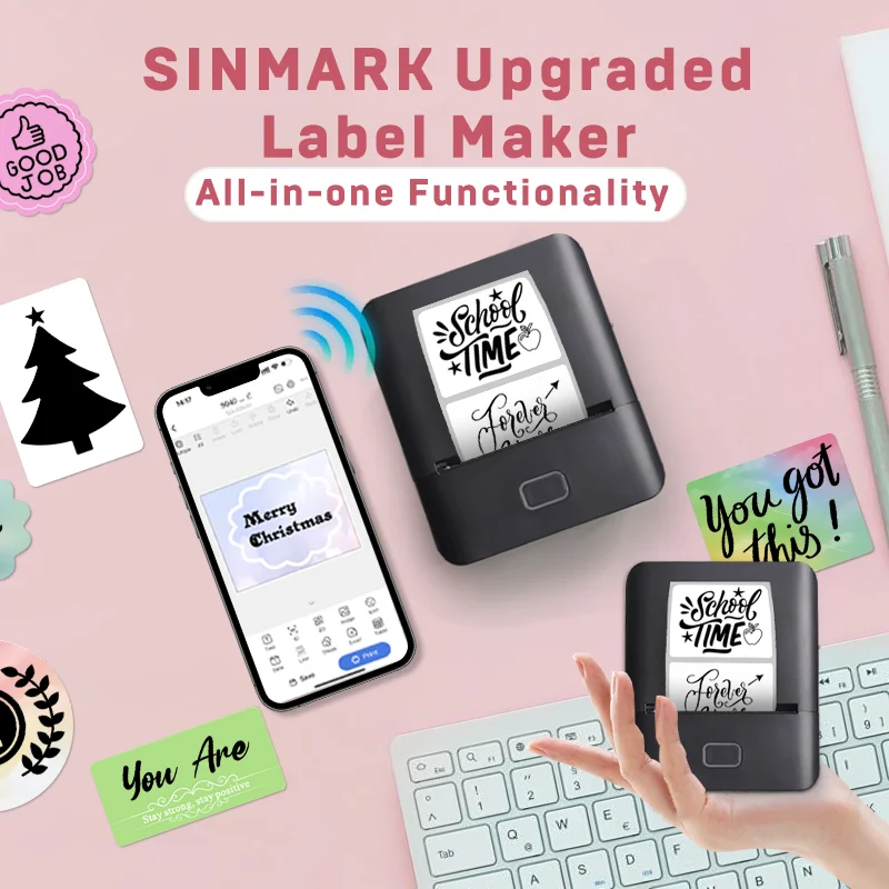 SINMARK Tragbarer Thermodrucker mit 3-Rollen-Etiketten, selbstklebender Etikettendrucker, Mini-Aufkleber, Marker, Taschen- und Taschenfotodrucker