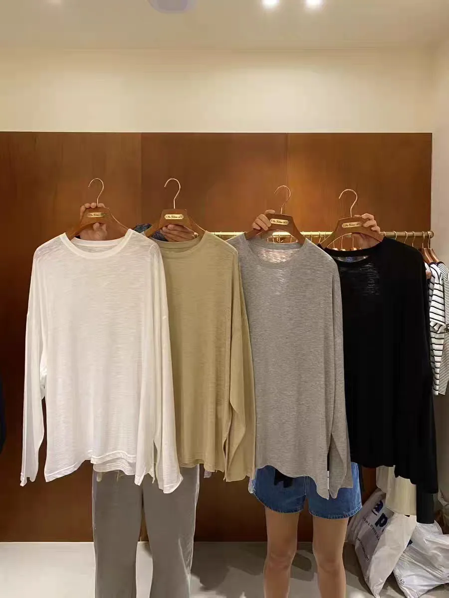 

Свободная женская футболка Long Sve, тонкая солнцезащитная футболка Lazy Sle, повседневная, однотонная, круглая, впитывающая пот, восточная...