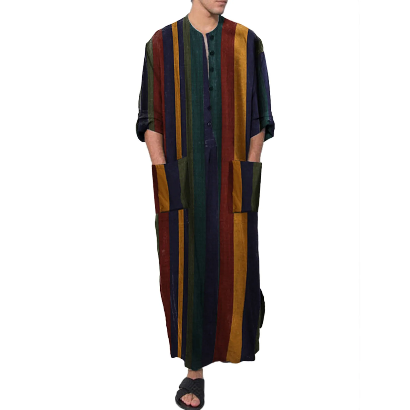 Men's Muslim Long Sleeve Cotton Striped Robes Islamic Arabian Kaftan Suit Middle East Dubai Abaya Retro Men Islamic Clothing