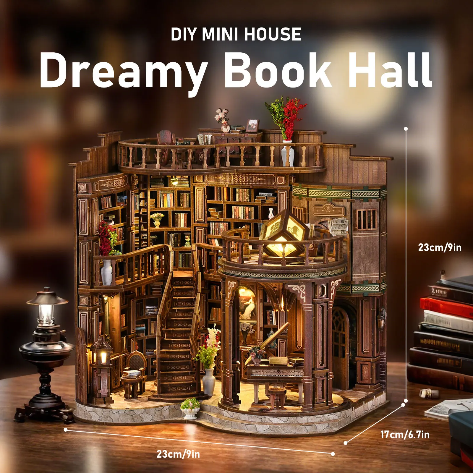 3D Retro Dreamy Book Hall Fai da te Casa in legno Figurine Miniature Kit Decorazione della scrivania di casa per regali di Natale fatti a mano per adulti