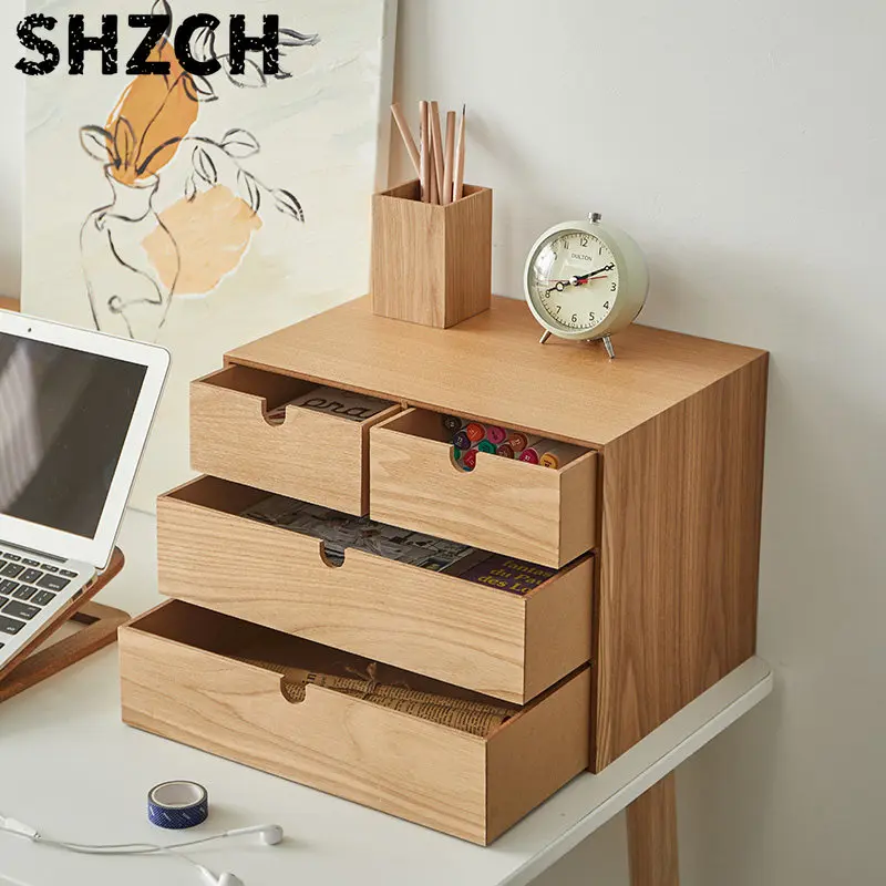 Caja de almacenamiento con cajones de madera, organizador de escritorio multicapa para dormitorio, contenedor de joyas para oficina, estuche multiusos de estilo japonés